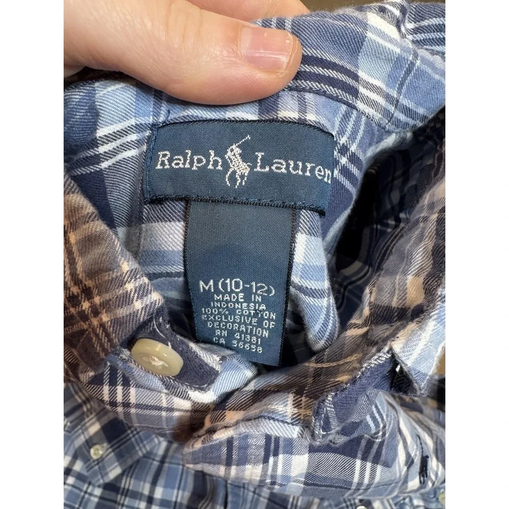 Ralph Lauren Shirt Boys Medium 10-12 Blue Plaid Long Sleeve Button Down Collared
